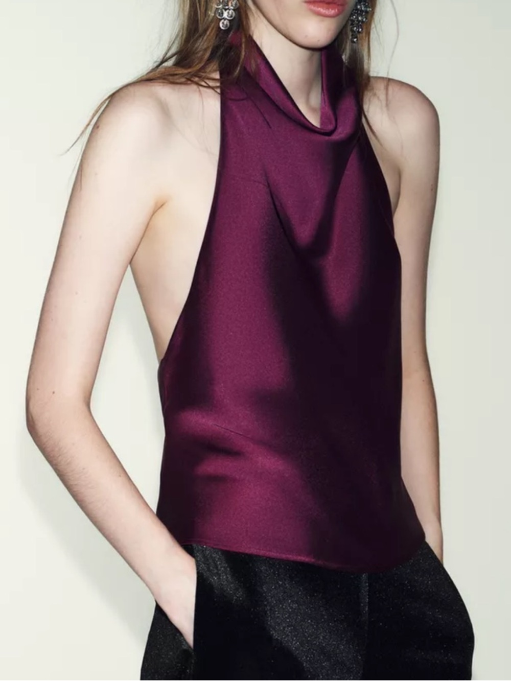 Size XL but runs very small 
Zara Satin Cowl Halter Top in Deep Plum